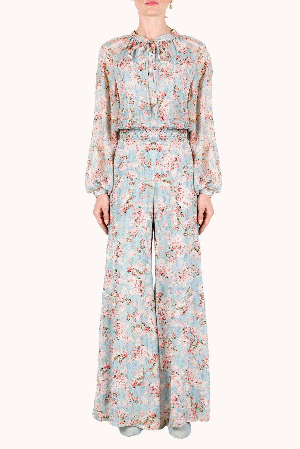 Tuta in georgette stampata con boccioli di rosa