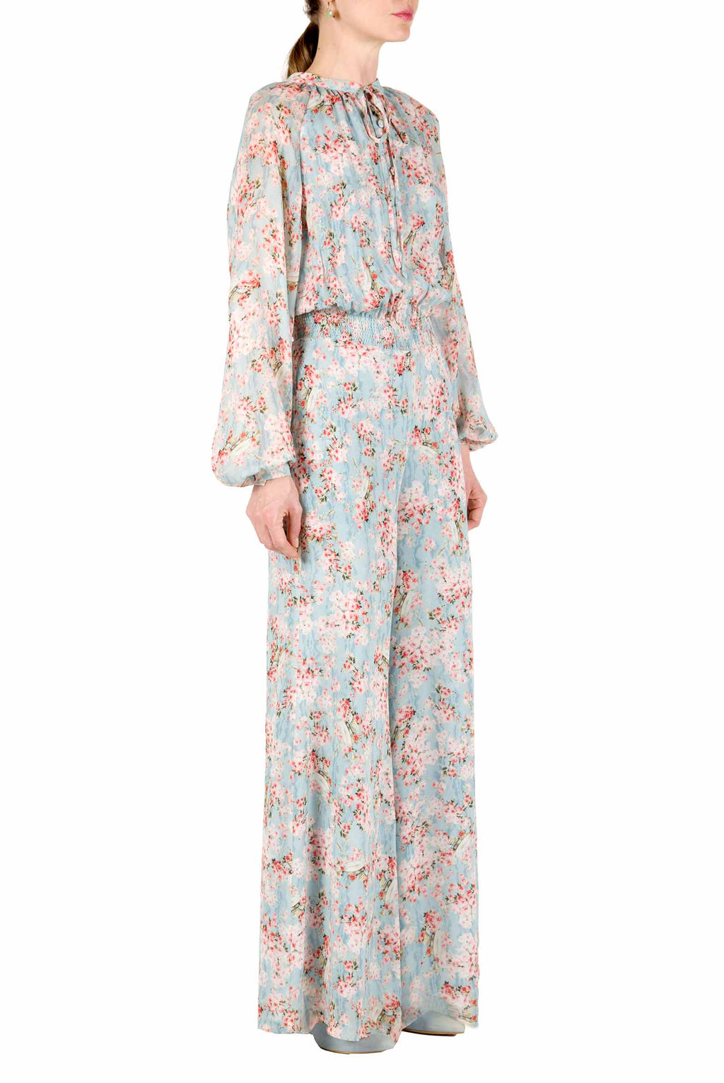 Tuta in georgette stampata con boccioli di rosa