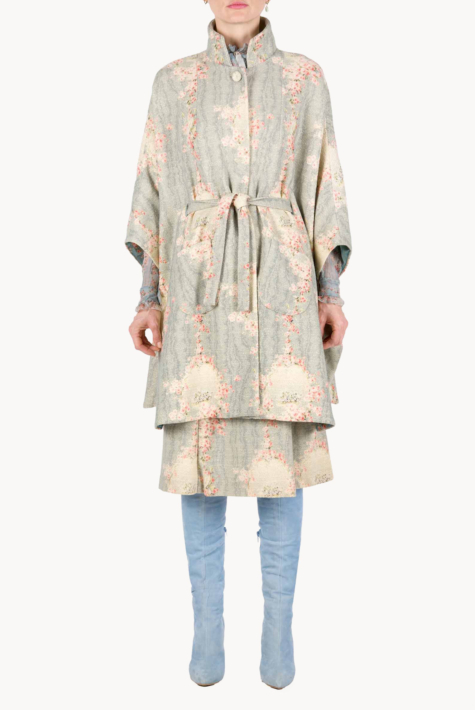 Wool Printed Circle Of Roses Cape With Lurex