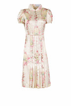 Abito plissettato in satin stretch stampato Circle Of Roses