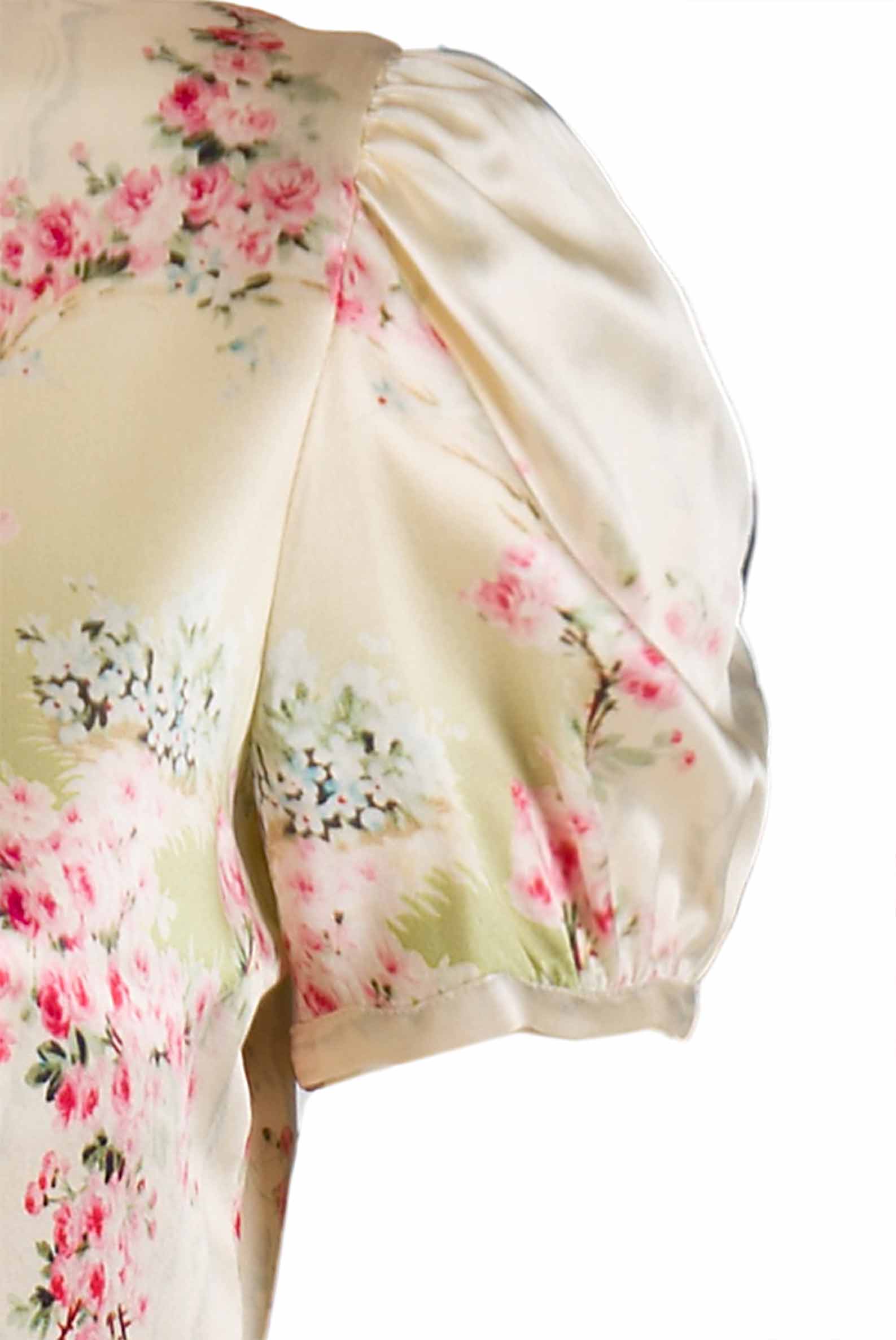 Abito plissettato in satin stretch stampato Circle Of Roses