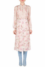 Gonna in georgette stampata con boccioli di rosa