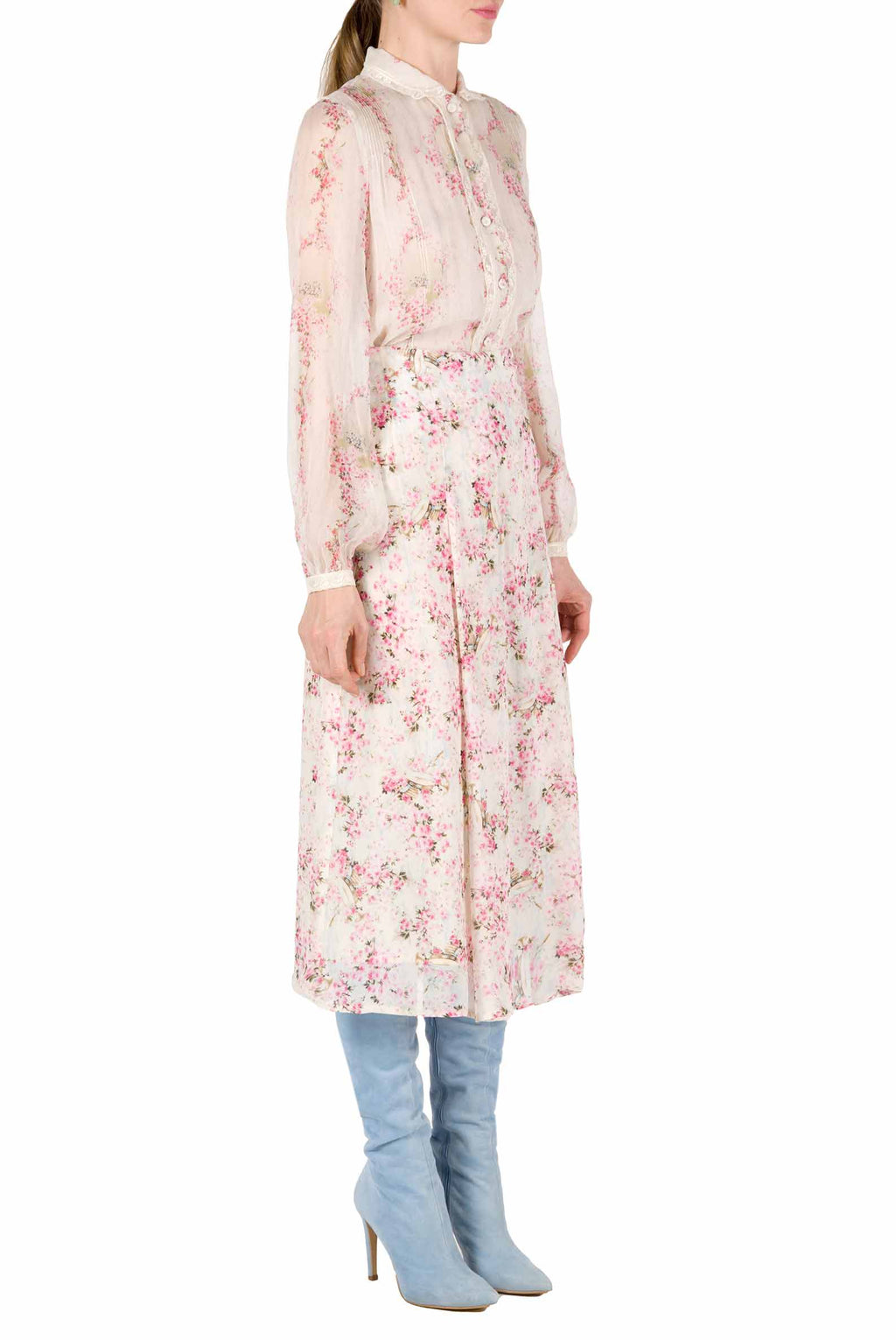 Gonna in georgette stampata con boccioli di rosa