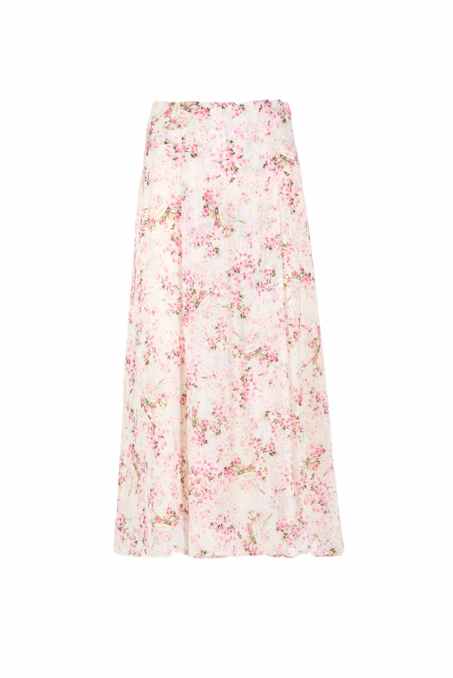 Gonna in georgette stampata con boccioli di rosa