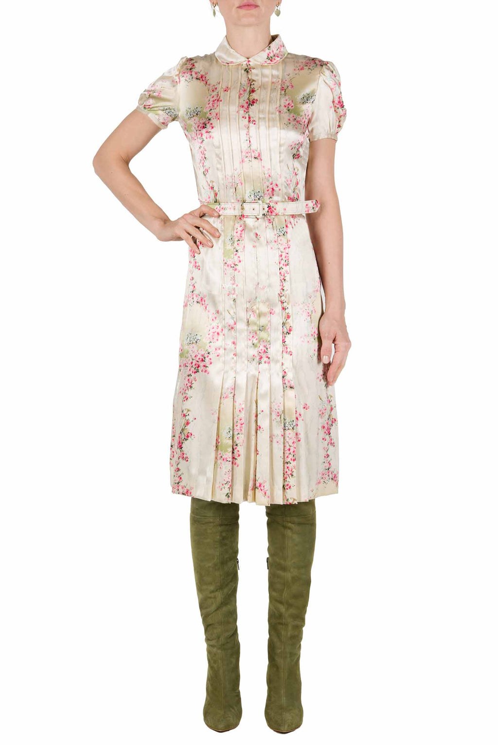 Abito plissettato in satin stretch stampato Circle Of Roses