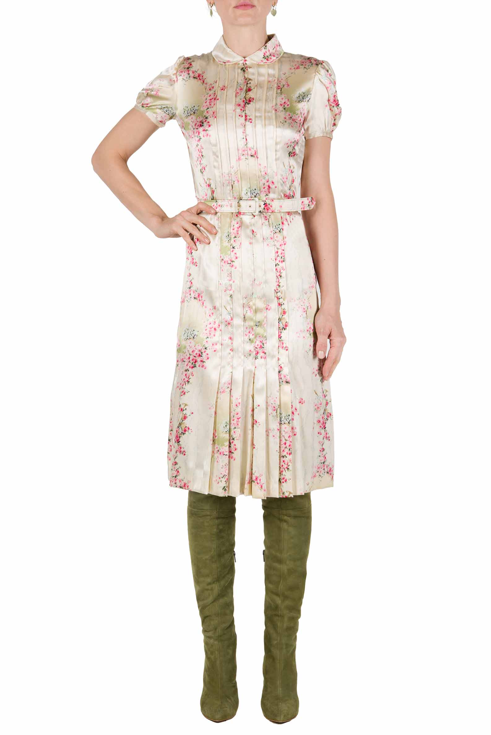 Abito plissettato in satin stretch stampato Circle Of Roses