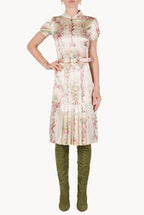Abito plissettato in satin stretch stampato Circle Of Roses
