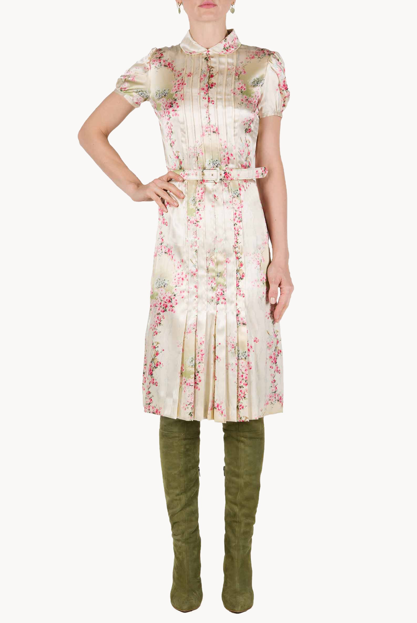 Abito plissettato in satin stretch stampato Circle Of Roses