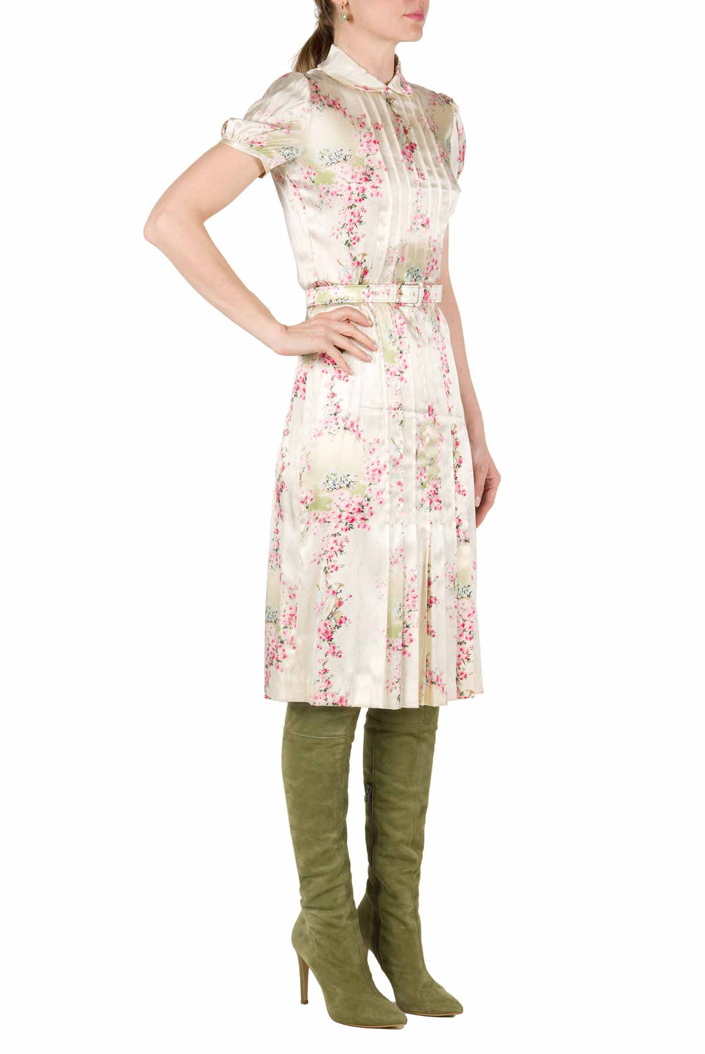 Abito plissettato in satin stretch stampato Circle Of Roses