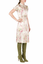 Abito plissettato in satin stretch stampato Circle Of Roses
