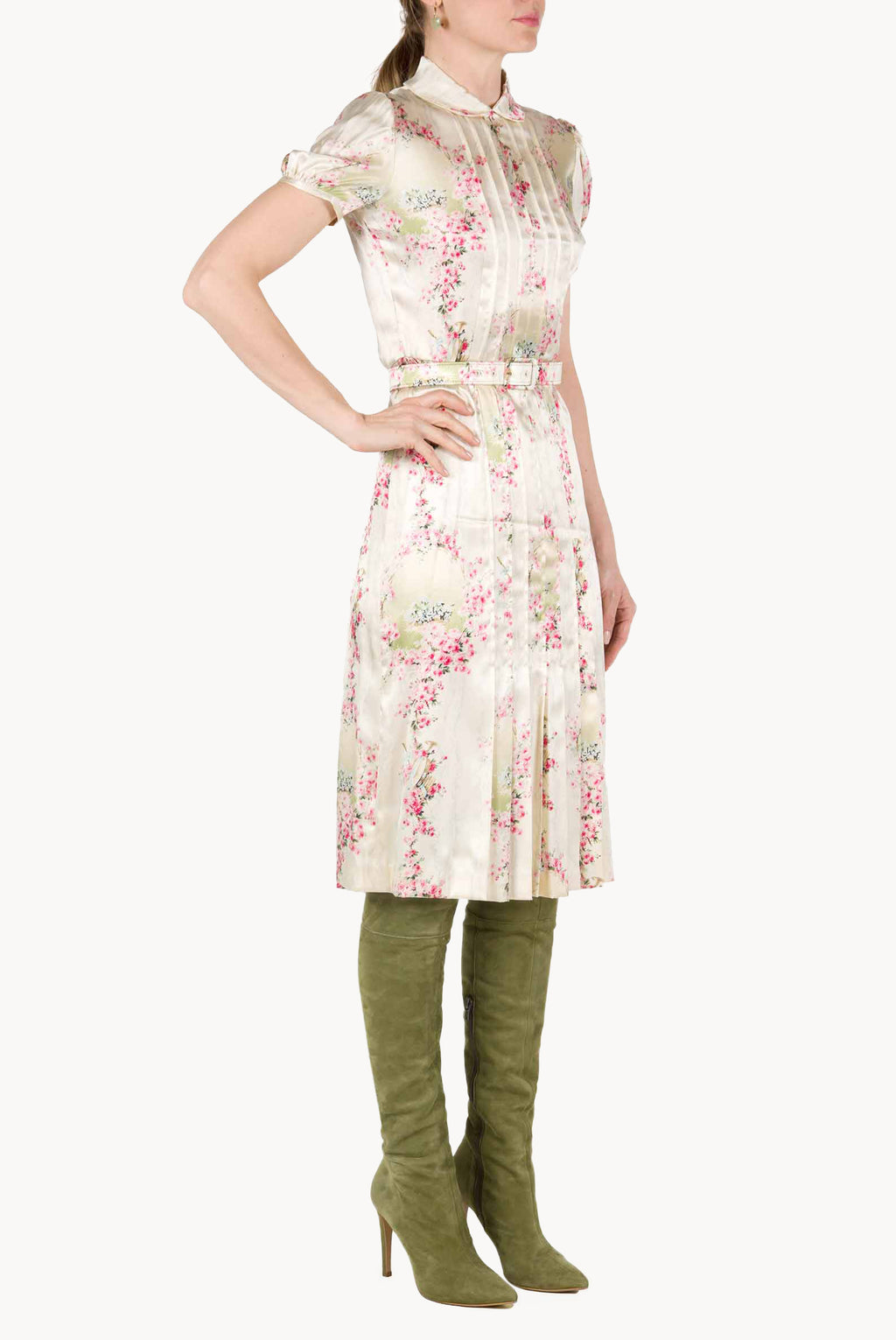 Abito plissettato in satin stretch stampato Circle Of Roses