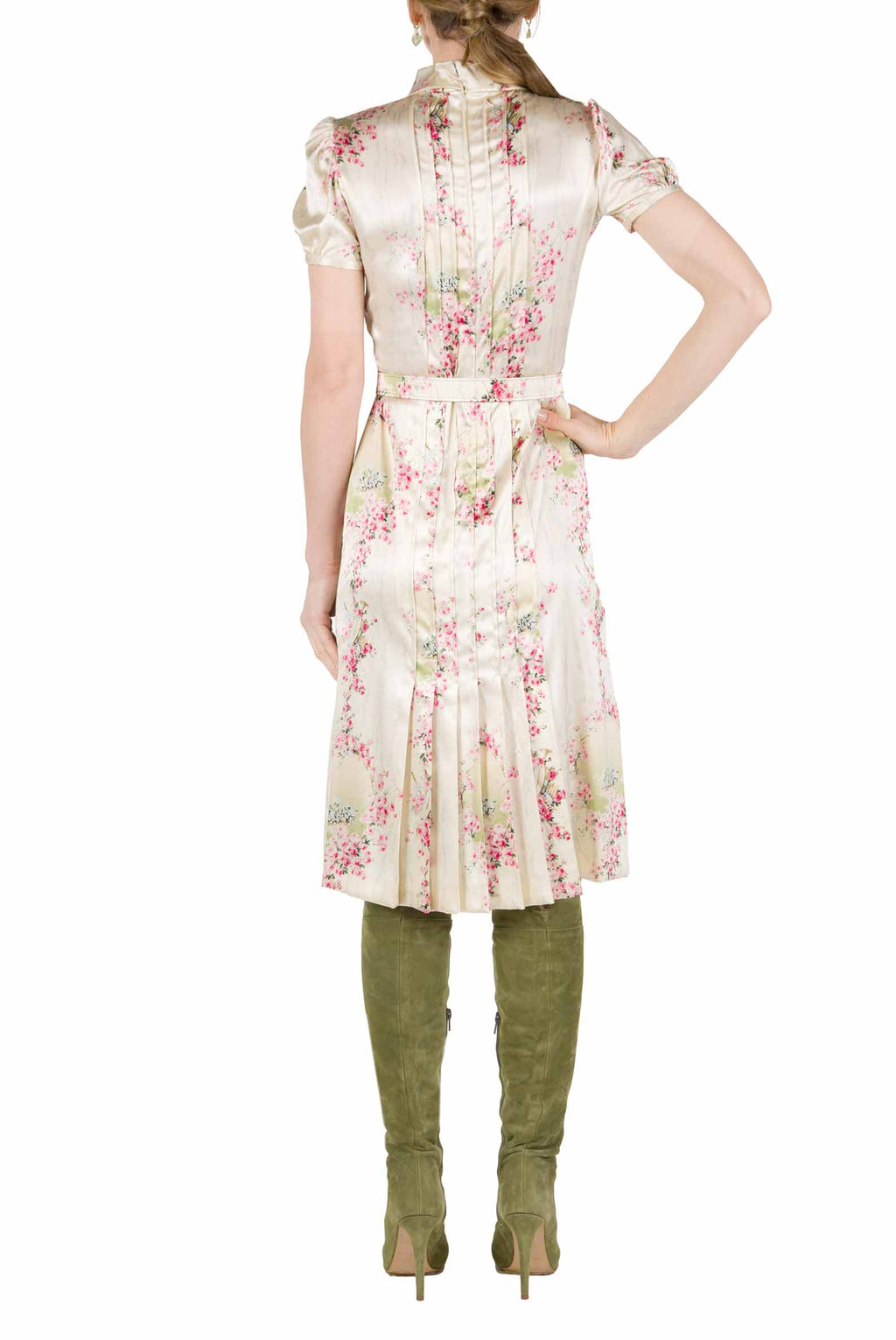 Abito plissettato in satin stretch stampato Circle Of Roses