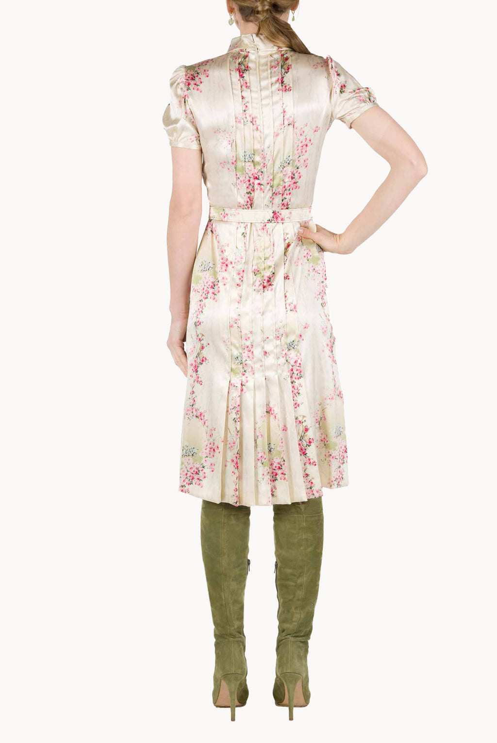 Abito plissettato in satin stretch stampato Circle Of Roses