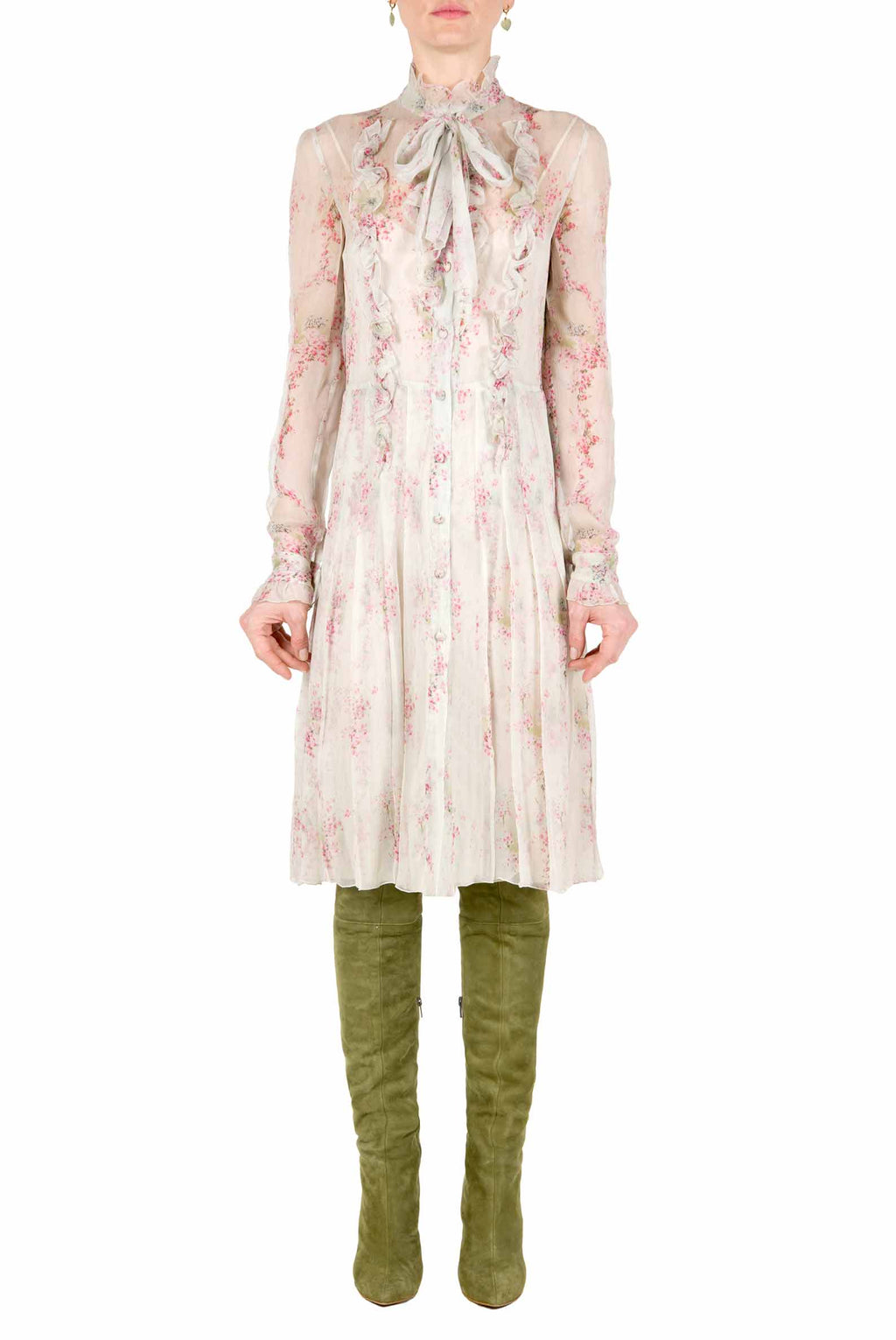 Chiffon Pleated Printed Circle Of Roses Dress