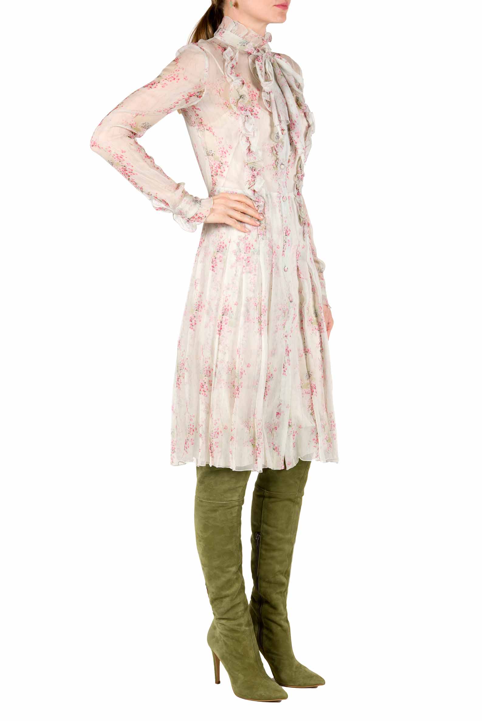 Chiffon Pleated Printed Circle Of Roses Dress