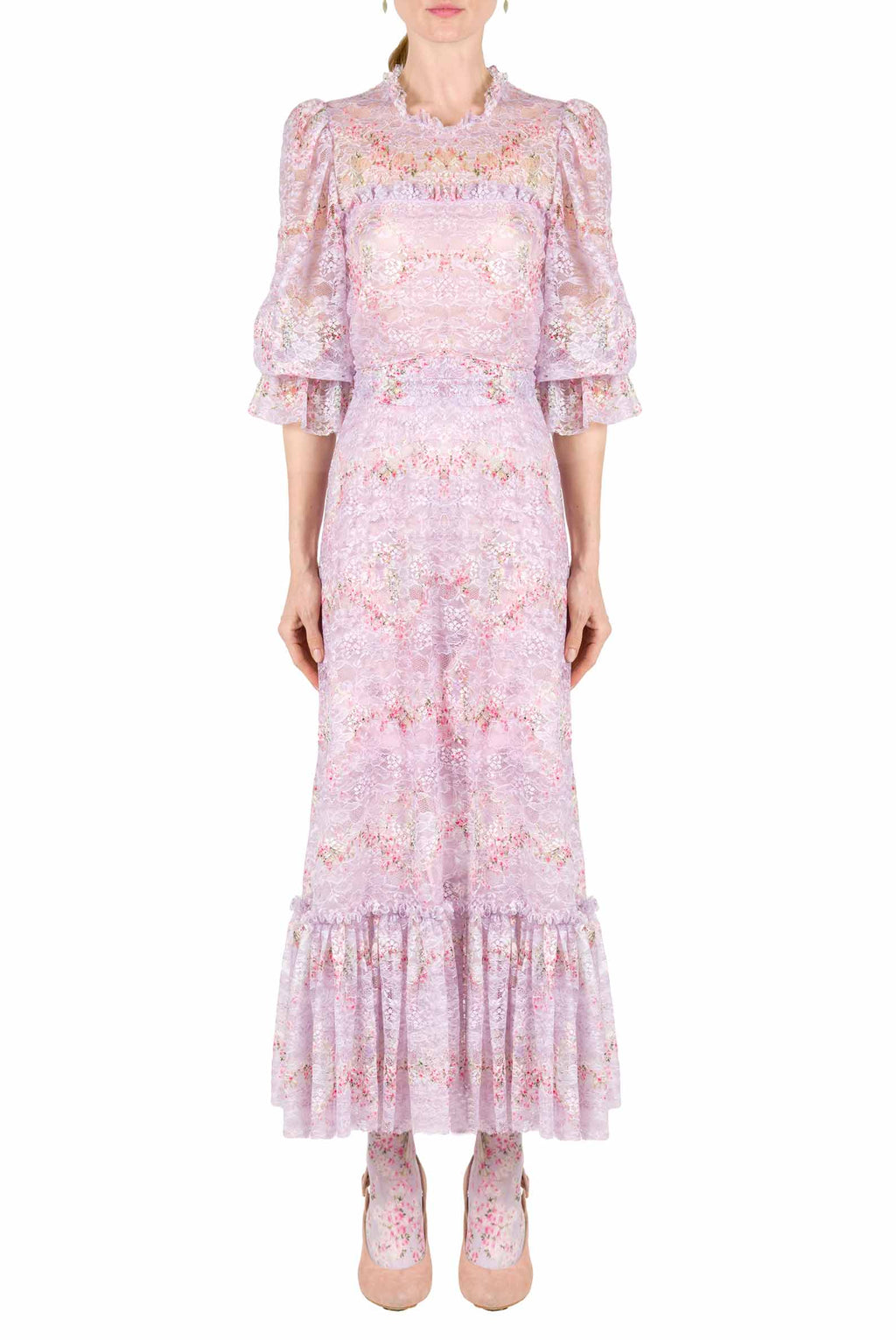 Abito in pizzo Circle Of Roses stampato con volant