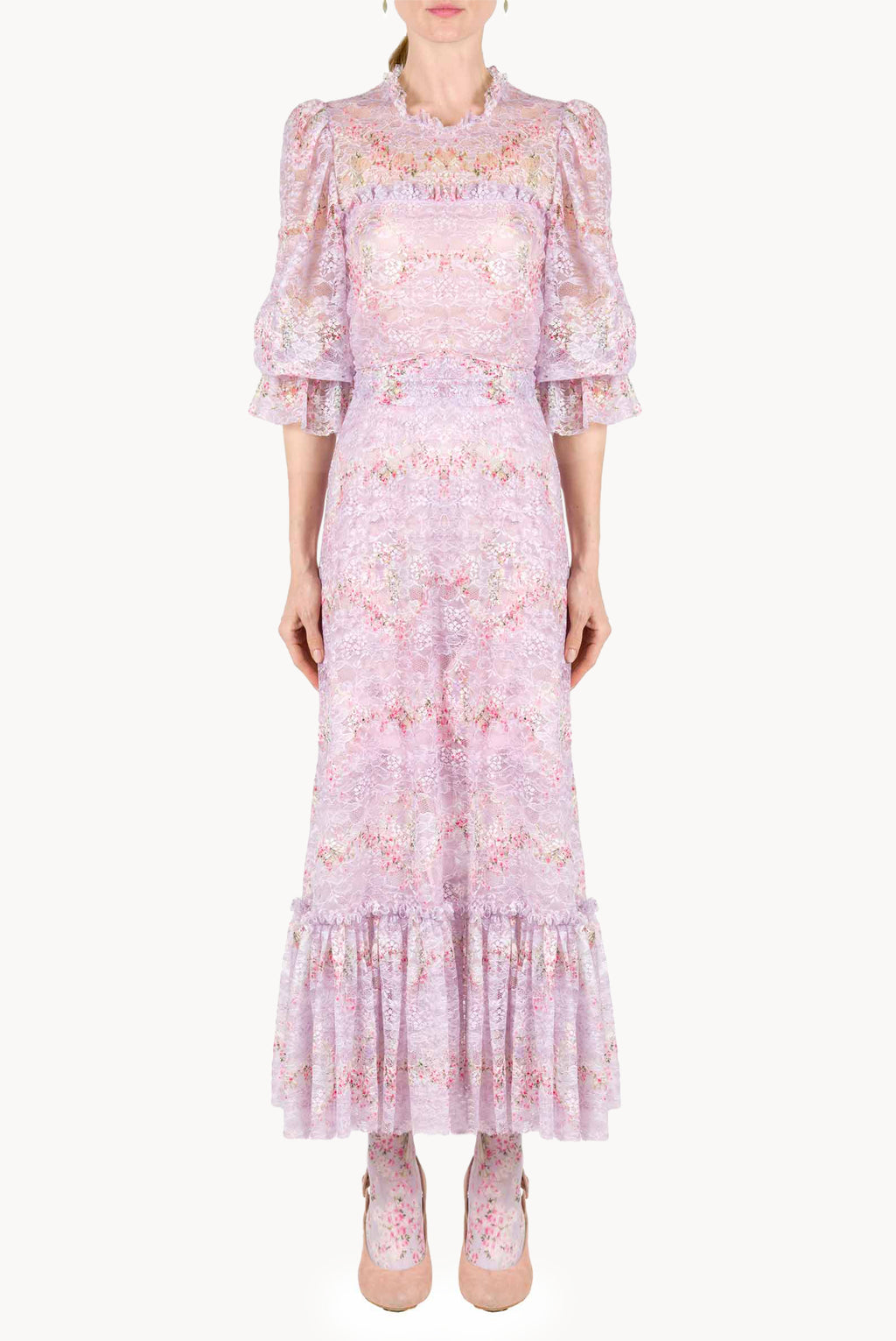 Abito in pizzo Circle Of Roses stampato con volant