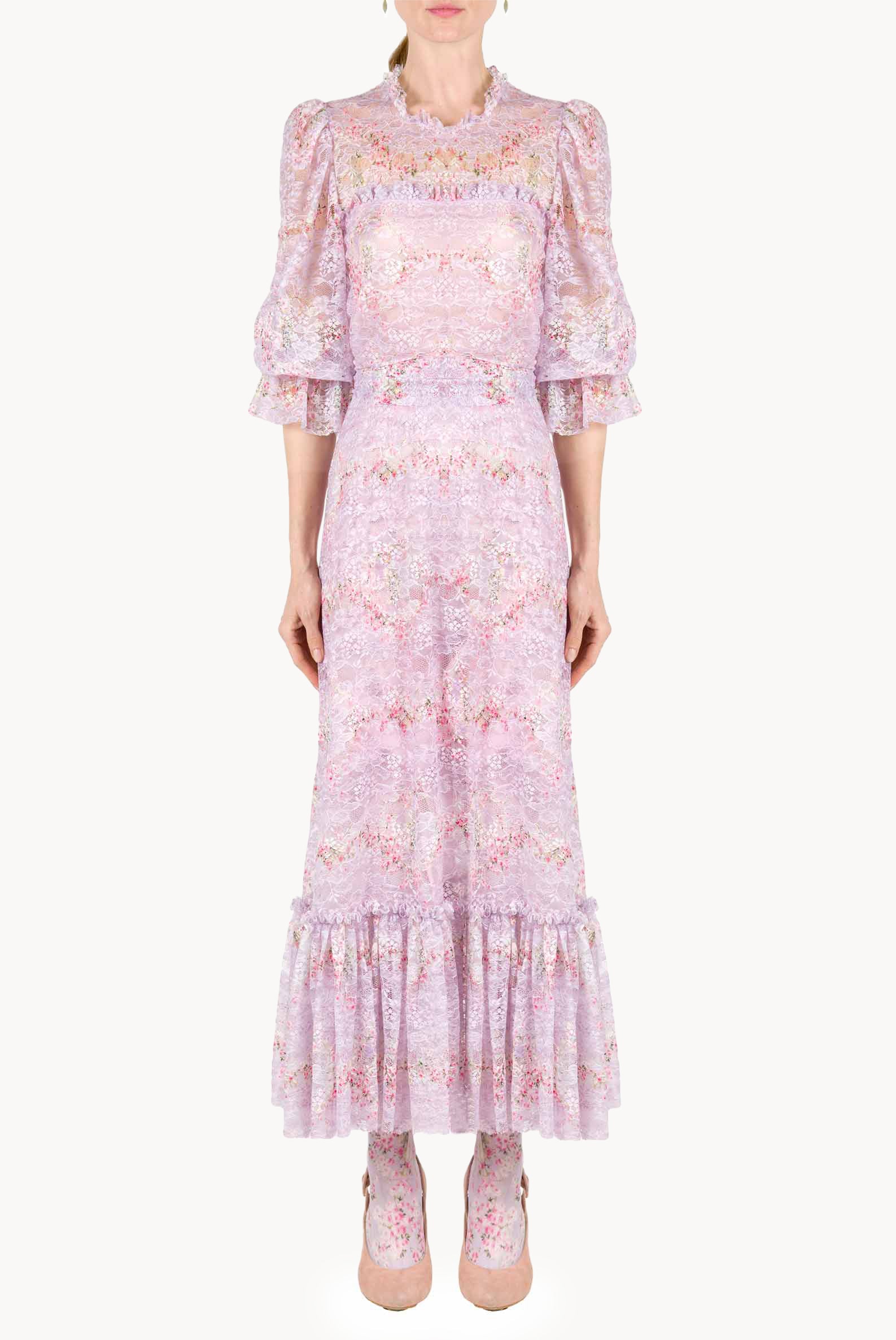 Abito in pizzo Circle Of Roses stampato con volant