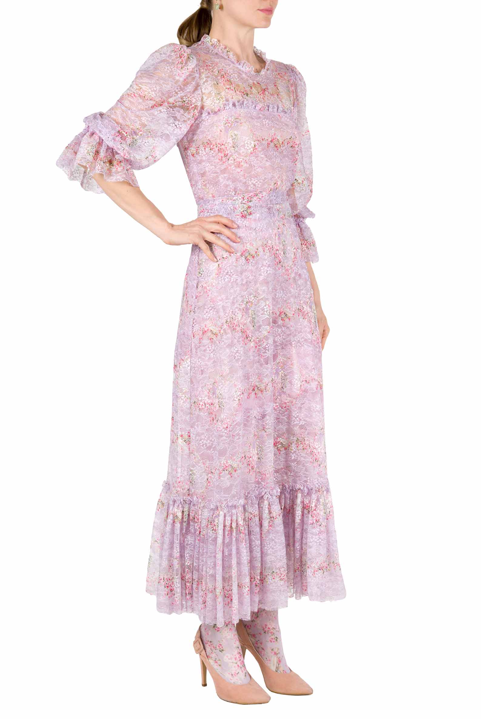 Abito in pizzo Circle Of Roses stampato con volant