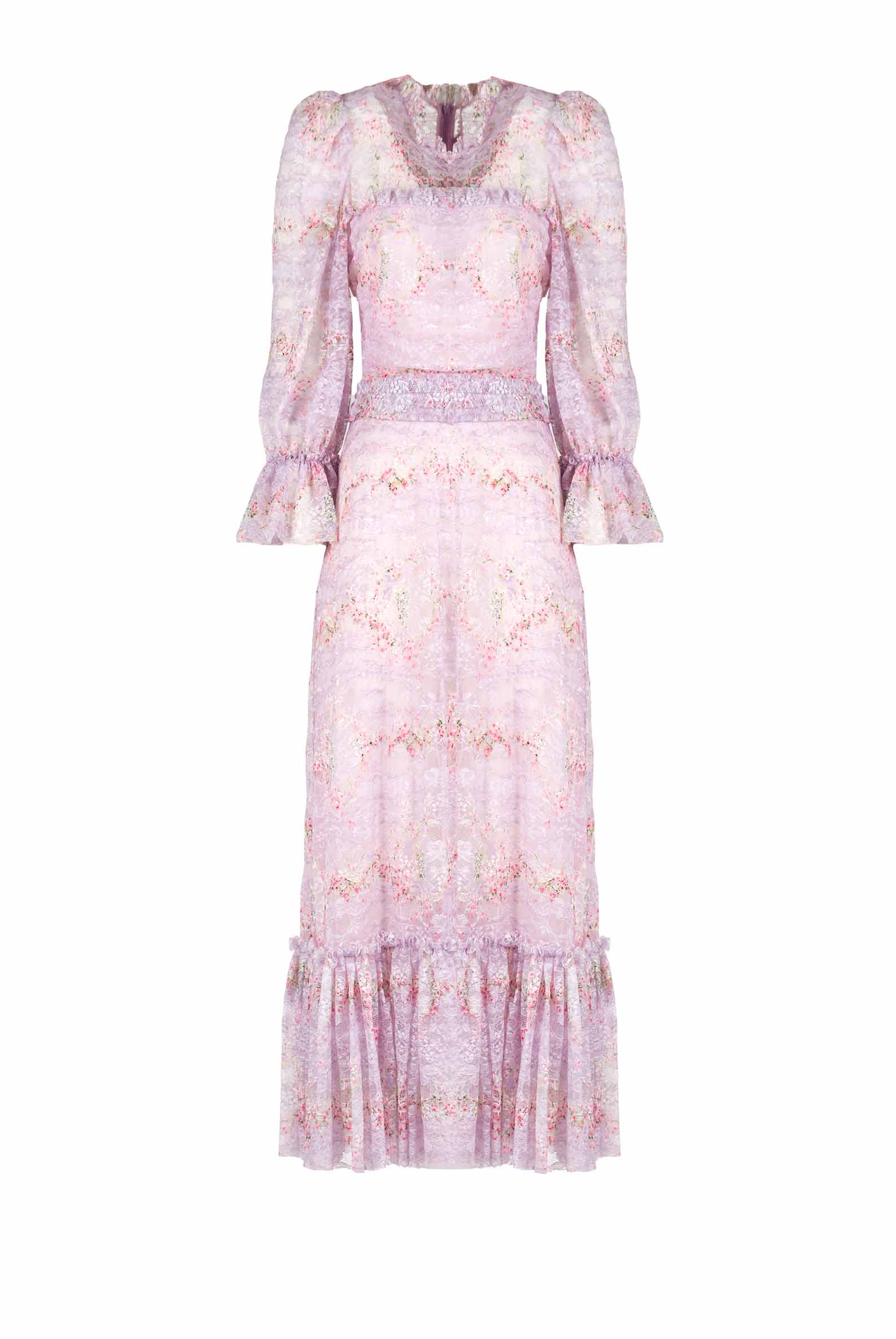 Abito in pizzo Circle Of Roses stampato con volant