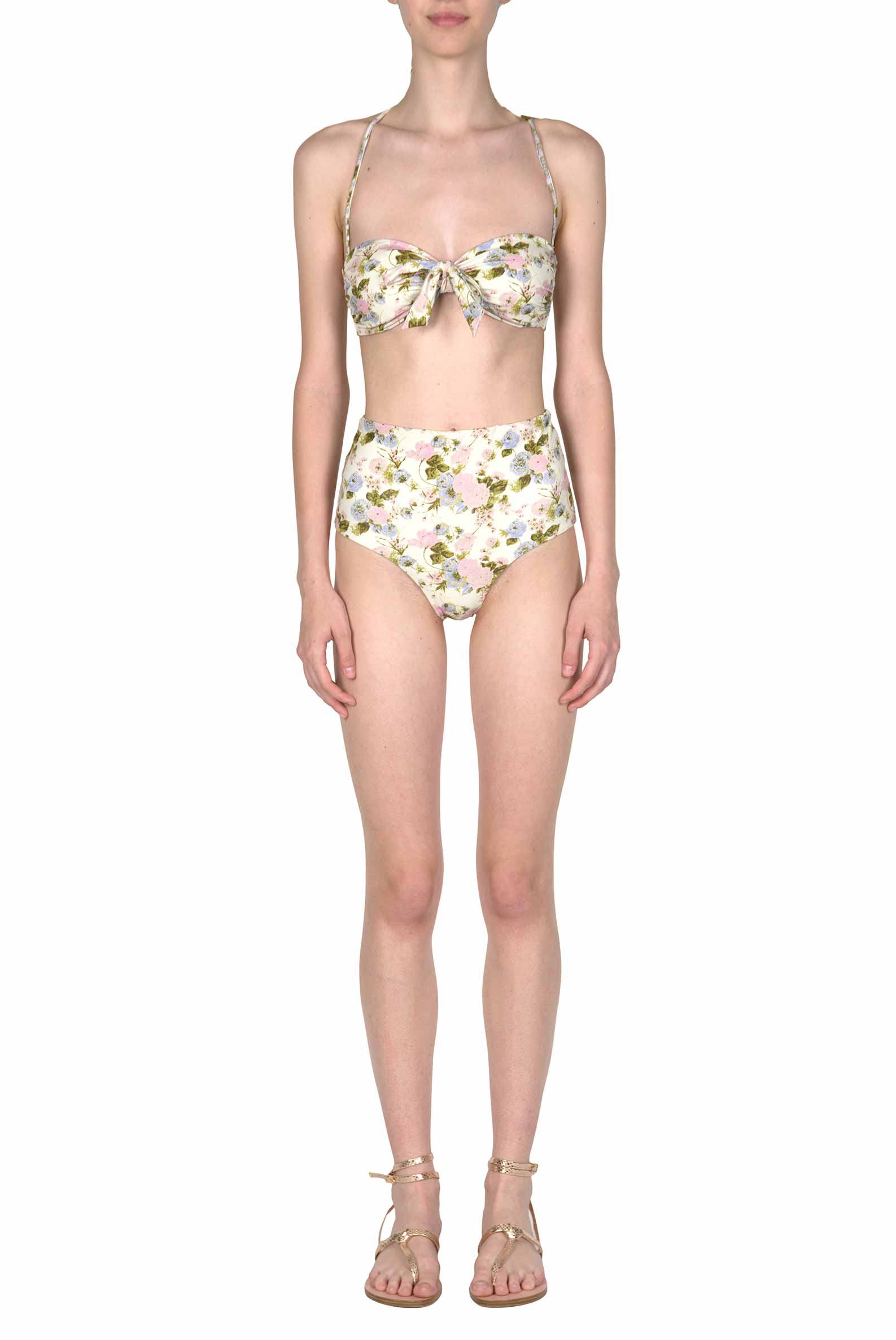Bikini slip con fascia e vita alta Blooming Roses double face