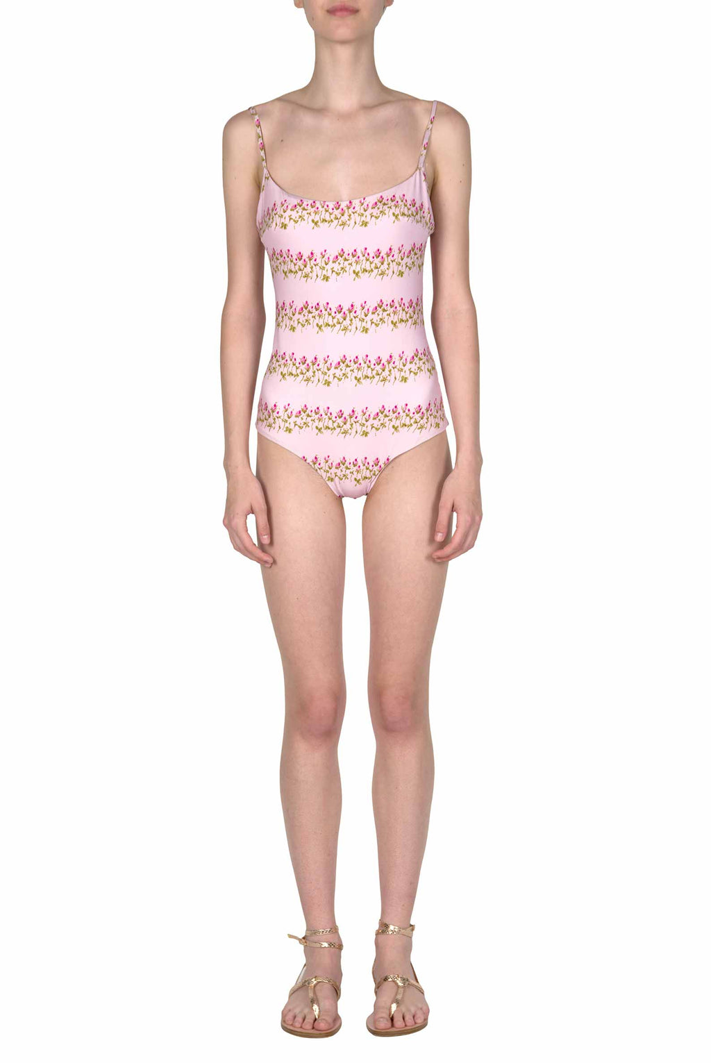 Costume intero rosa a righe floreali