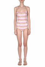 Costume intero rosa a righe floreali