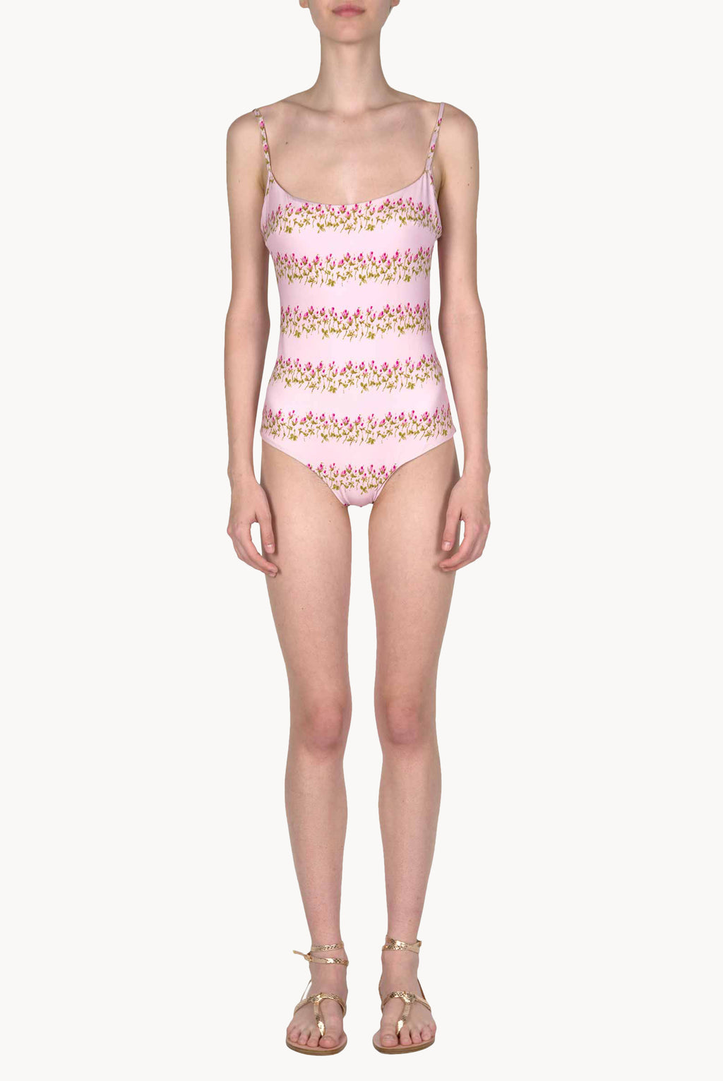 One-piece Pink Flowery striped Swimsuit