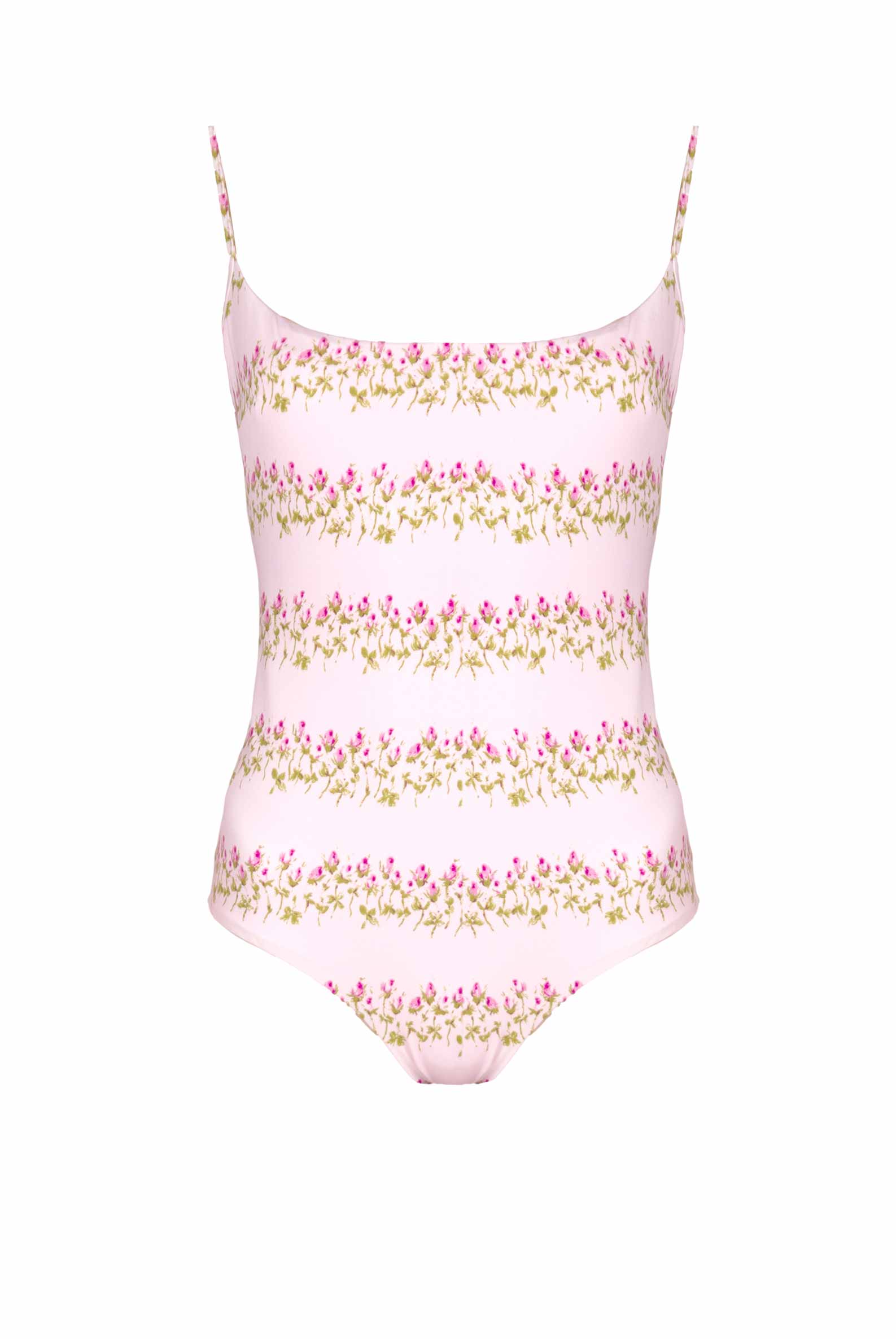 Costume intero rosa a righe floreali