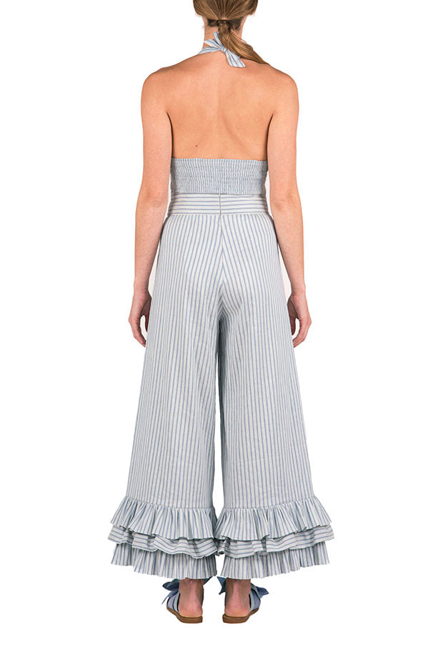 Top halter in misto cotone e lino elasticizzato con scollo a V