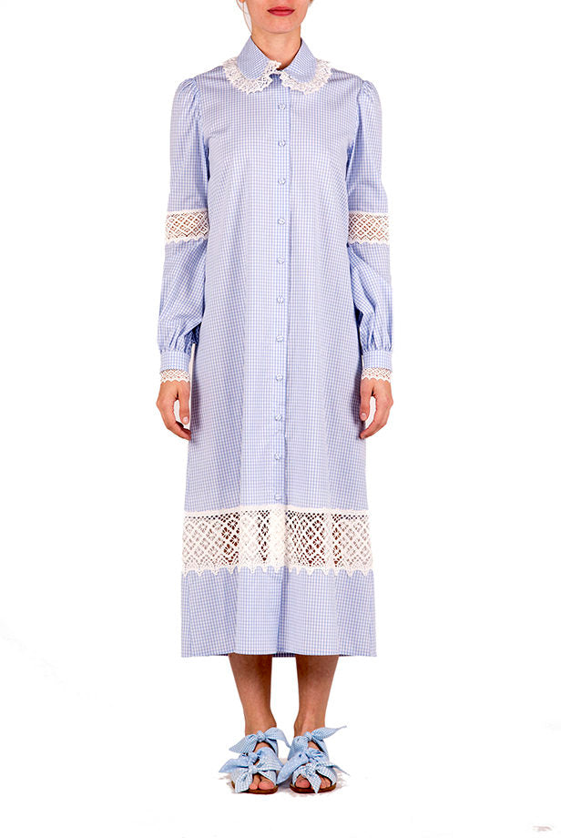 Abito camicia in cotone vichy con pizzo