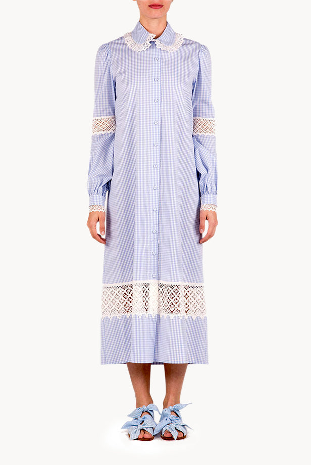 Abito camicia in cotone vichy con pizzo