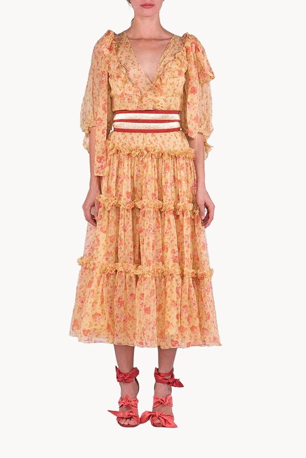 Floral Chiffon Flounces Midi Dress