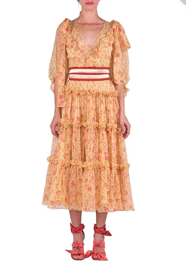 Abito midi in chiffon floreale con volant