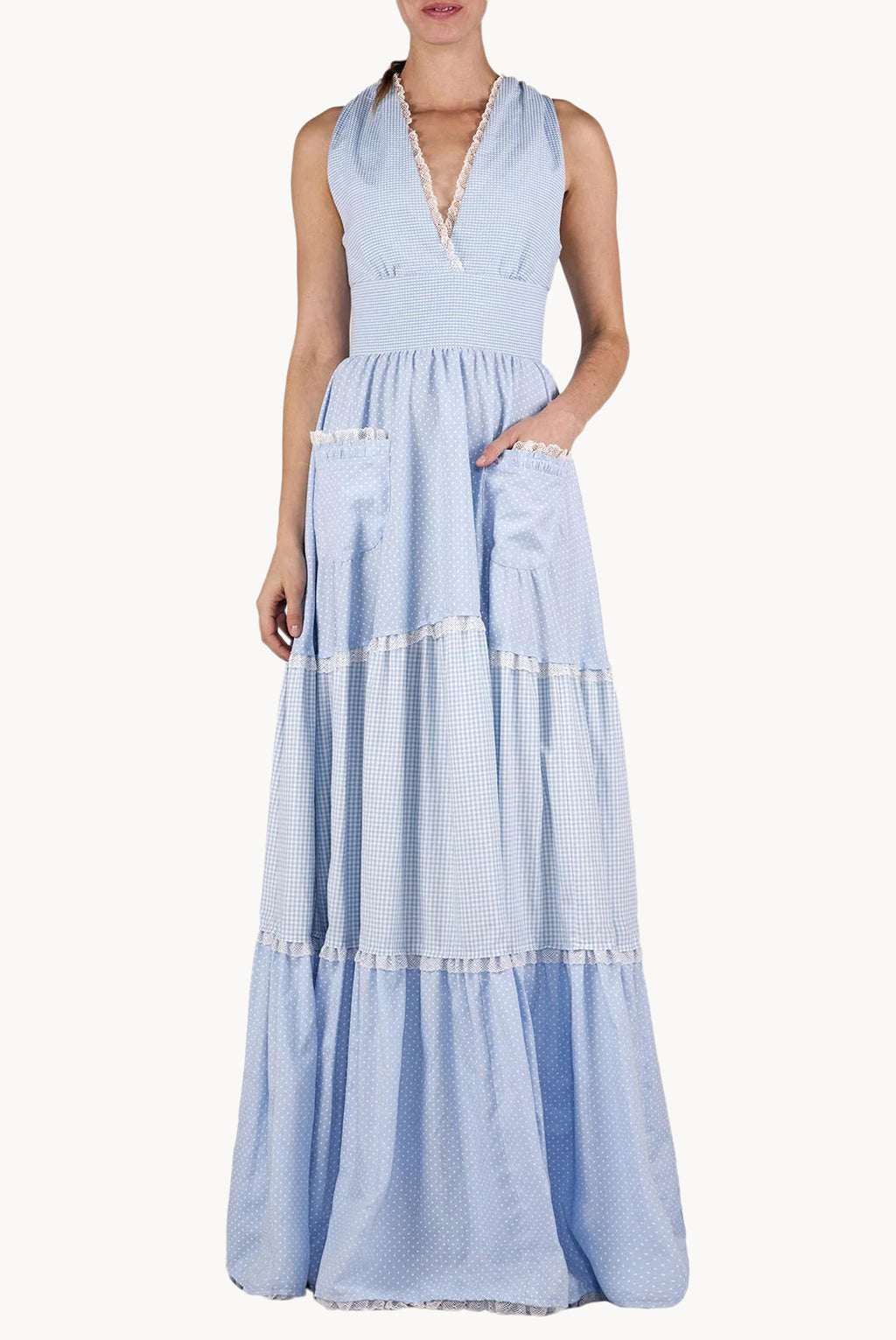 Abito maxi a balze in cotone misto