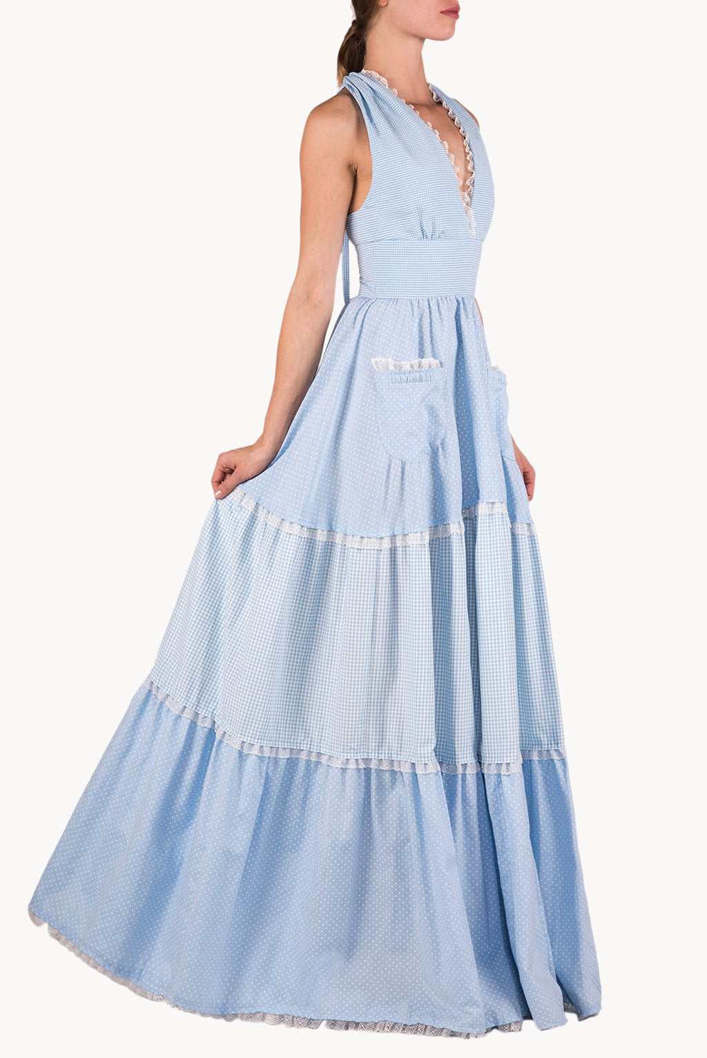 Abito maxi a balze in cotone misto