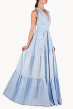 Abito maxi a balze in cotone misto