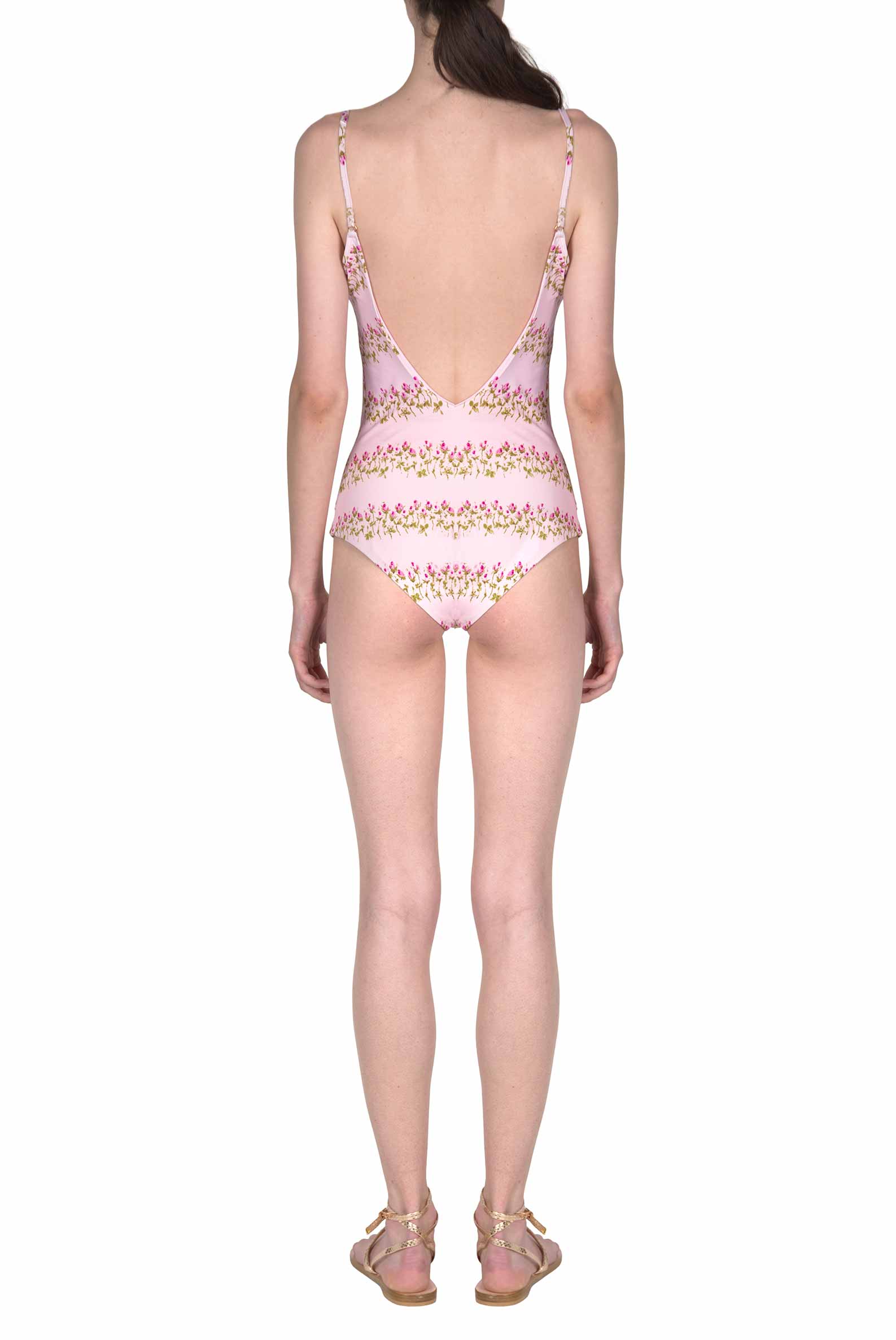 Costume intero rosa a righe floreali
