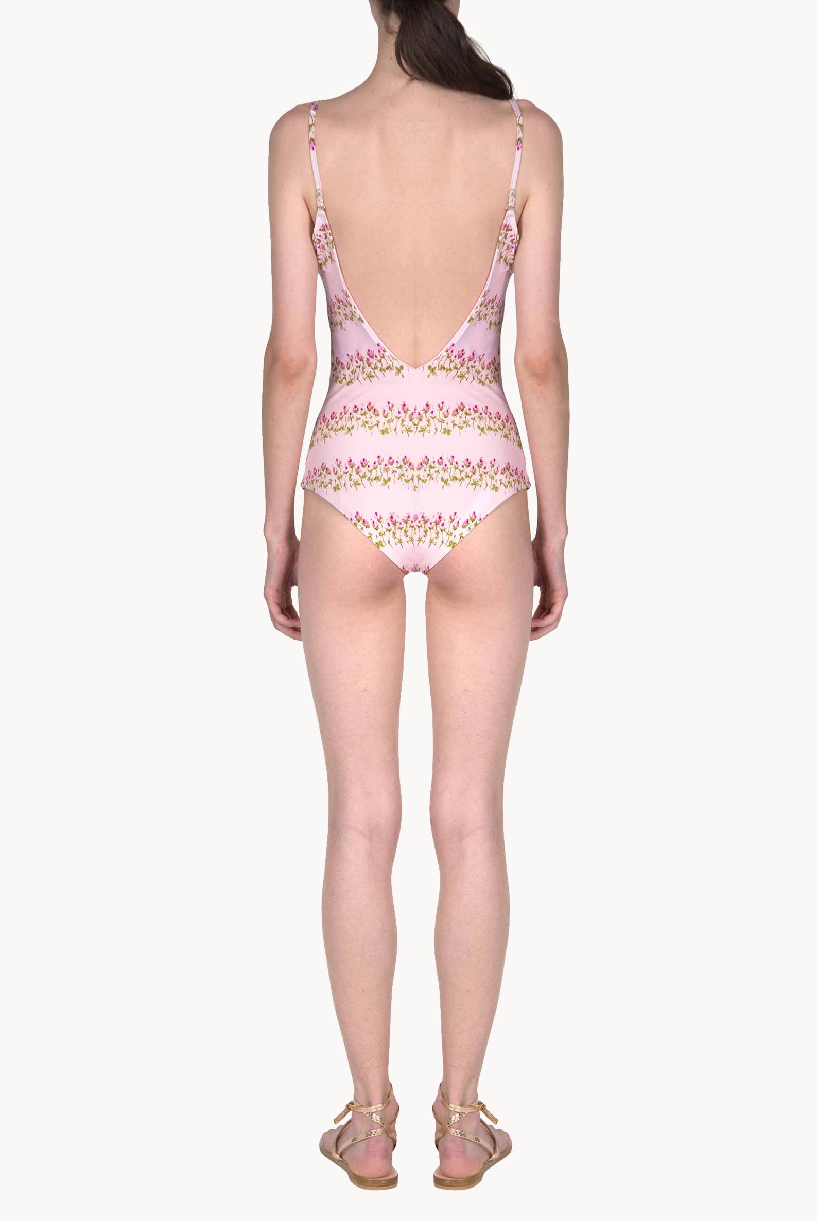 One-piece Pink Flowery striped Swimsuit