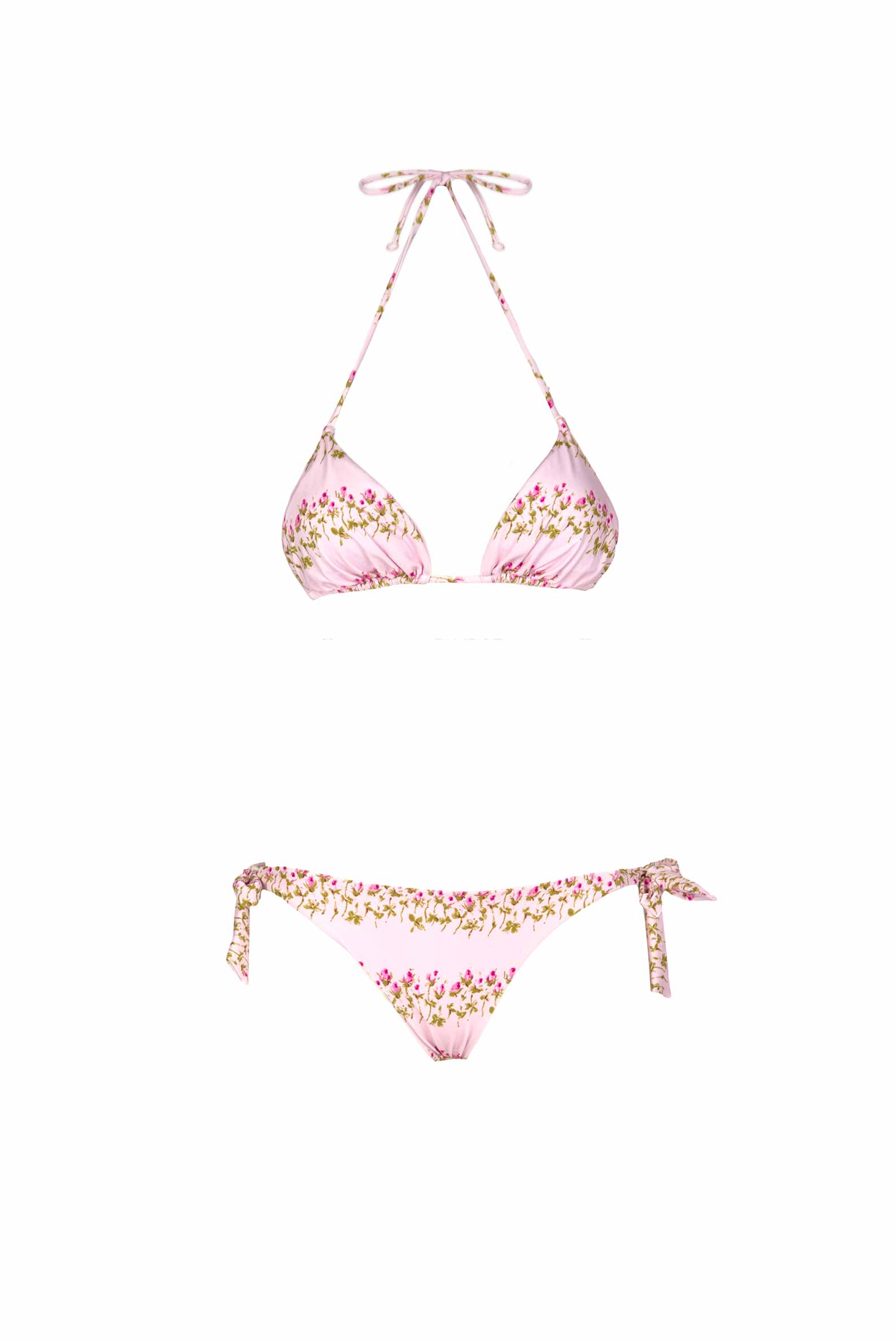 Bikini triangolo e slip rosa a righe floreali