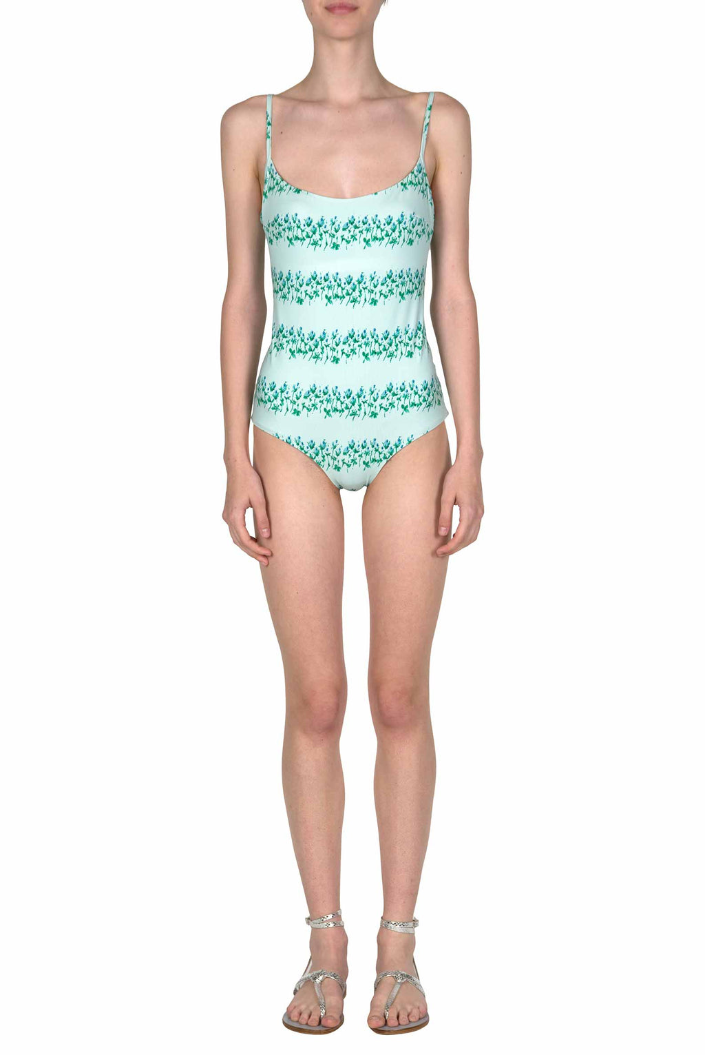 Costume intero blu a righe floreali