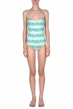 Costume intero blu a righe floreali
