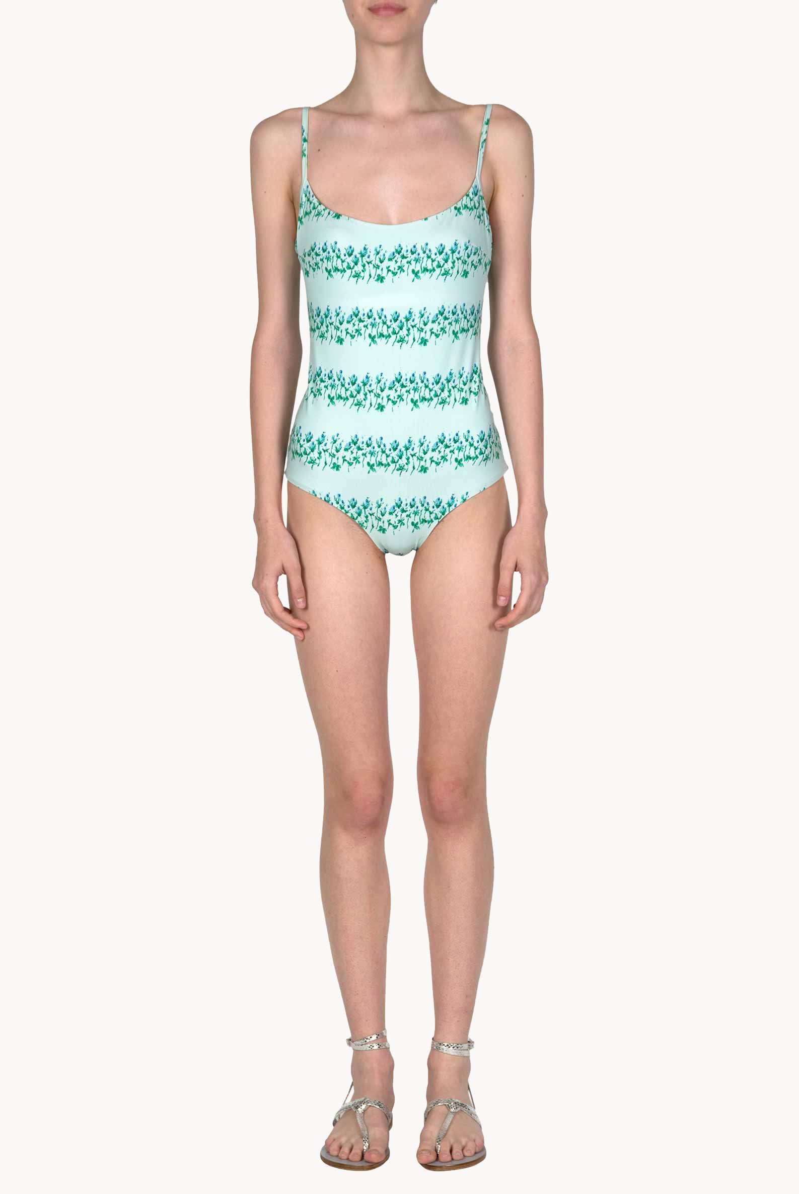 Costume intero blu a righe floreali