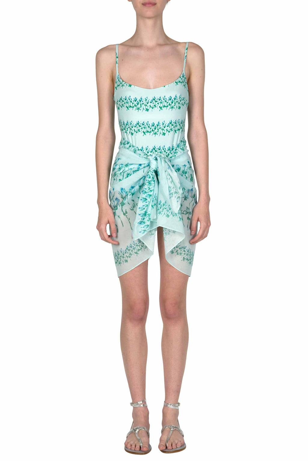 Costume intero blu a righe floreali