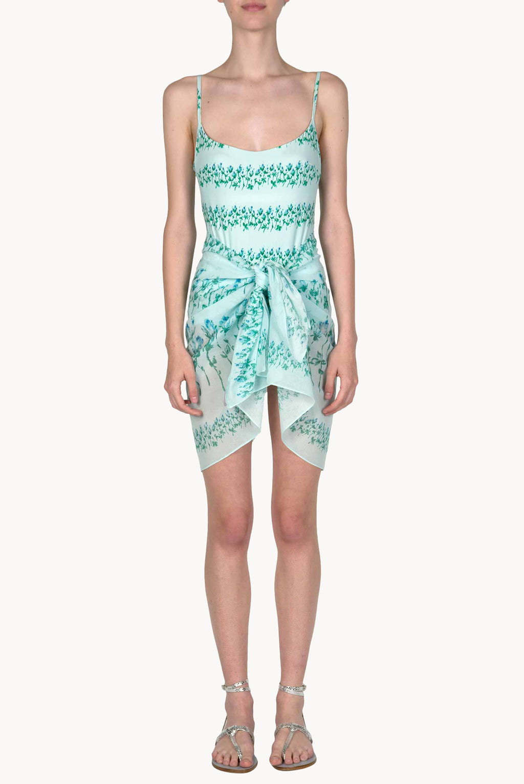 Costume intero blu a righe floreali