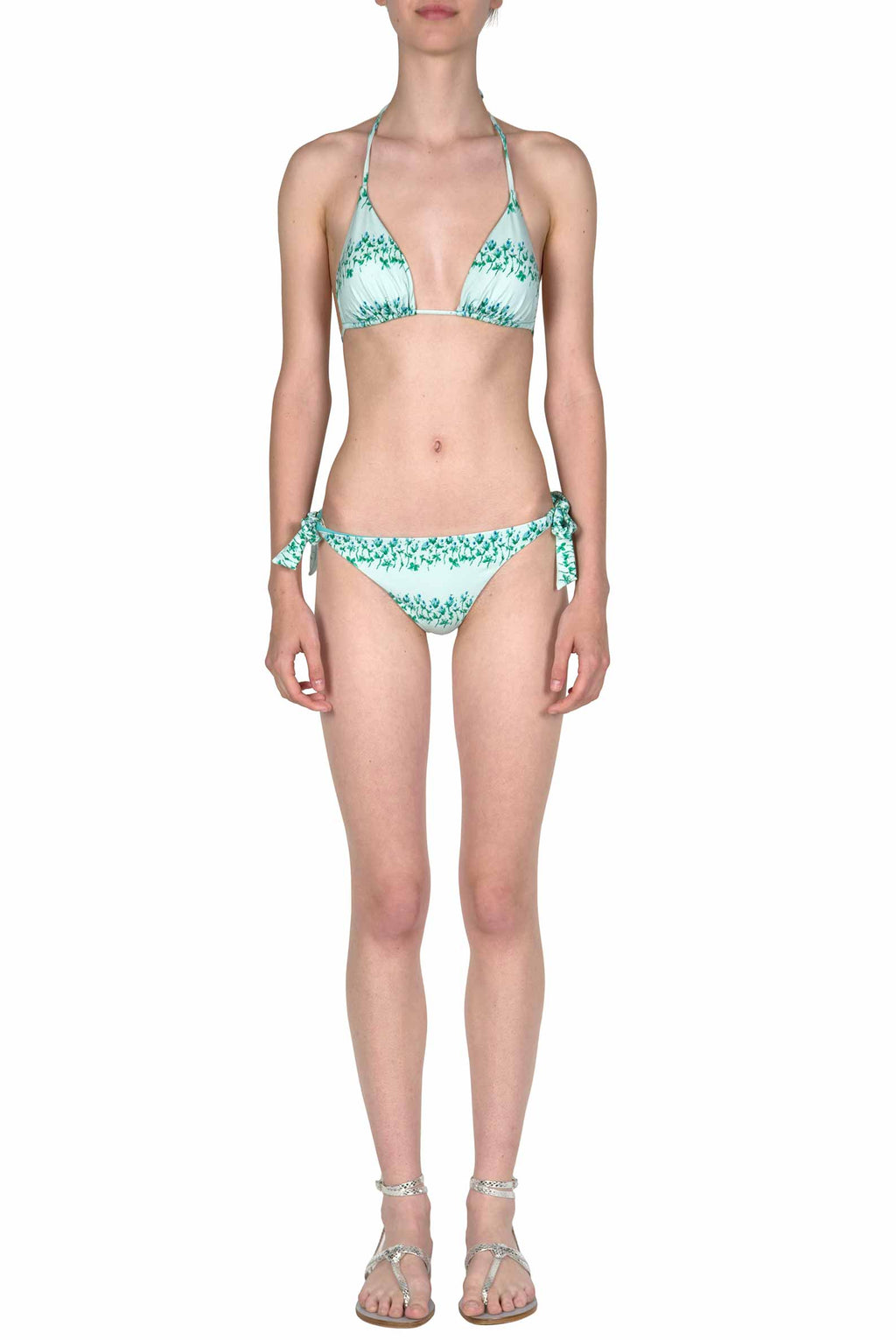 Bikini triangolo e slip blu a righe floreali