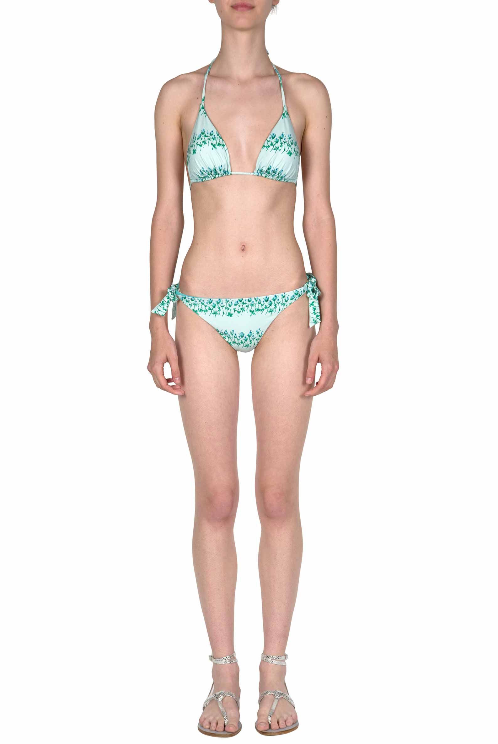 Bikini triangolo e slip blu a righe floreali