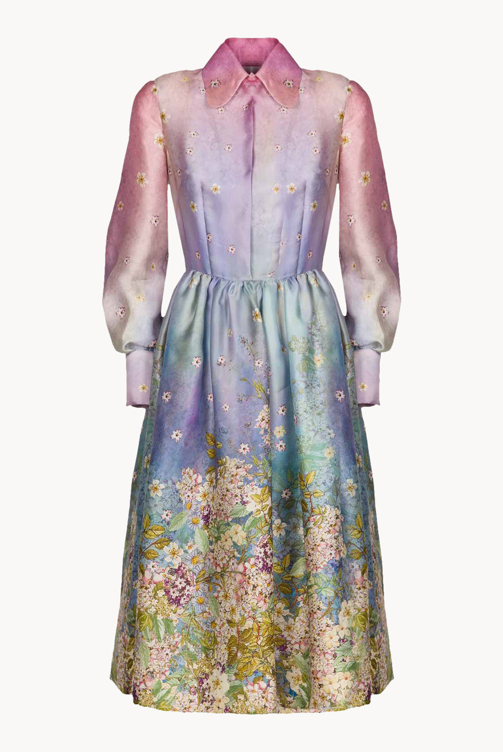 Vestito in organza di seta stampata floreale con fiocco al collo