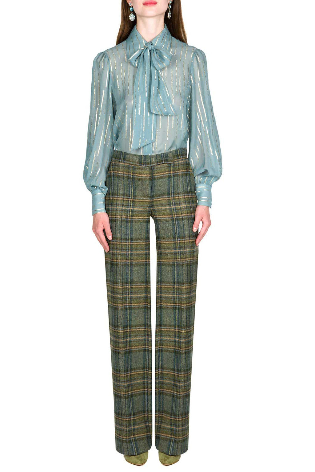 Blusa in Chiffon Misto Seta con Fiocco al Collo