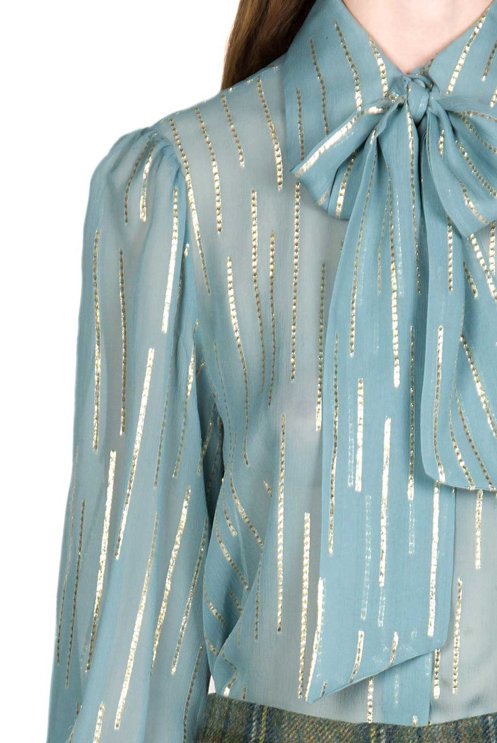 Blusa in Chiffon Misto Seta con Fiocco al Collo
